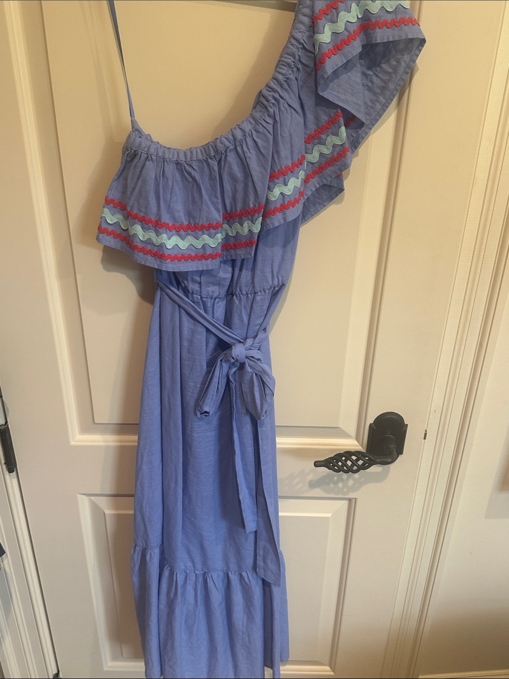 J. Crew Light Blue One-Shoulder Maxi Dress with Ruffle and Tie